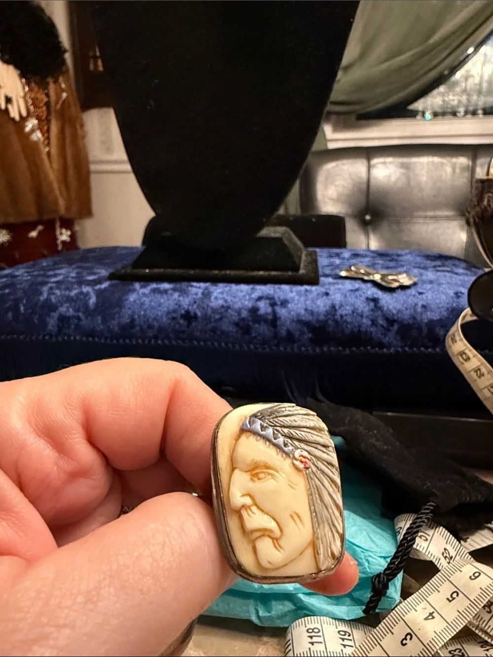 Vintage nut stone carved native American profile ring .925 size large 9